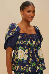 Blue Flower Tapestry Yoke Blouse | FARM Rio Women