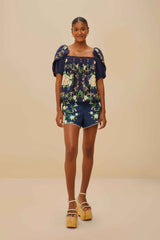 Blue Flower Tapestry Yoke Blouse | FARM Rio Women