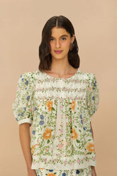 Folk Floral Off-White Scoop Neck Short Sleeve Blouse | FARM Rio Women