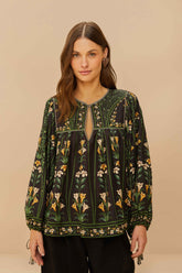 Black Flowers Arch LENZING™ ECOVERO™ Euroflax™ Blouse | FARM Rio Women
