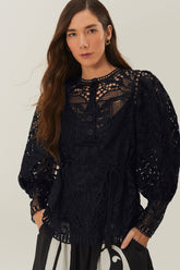 Black Guipire Puff Sleeve Blouse | FARM Rio Women