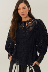 Black Guipire Puff Sleeve Blouse | FARM Rio Women