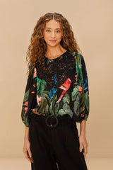 Midnight Macaw Fiesta Black Blouse | FARM Rio Women