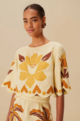Sand Summer Cutwork Euroflax™ Premium Linen Blouse | FARM Rio Women