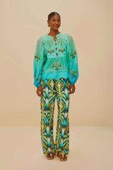 Turquoise Palm Tree Tapestry Blue Wavy Yoke Blouse | FARM Rio Women