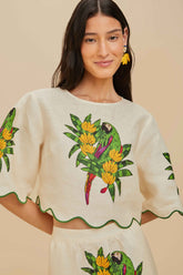 Off-White Maracana Bird Euroflax™ Premium Linen Blouse | FARM Rio Women