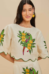 Off-White Maracana Bird Euroflax™ Premium Linen Blouse | FARM Rio Women