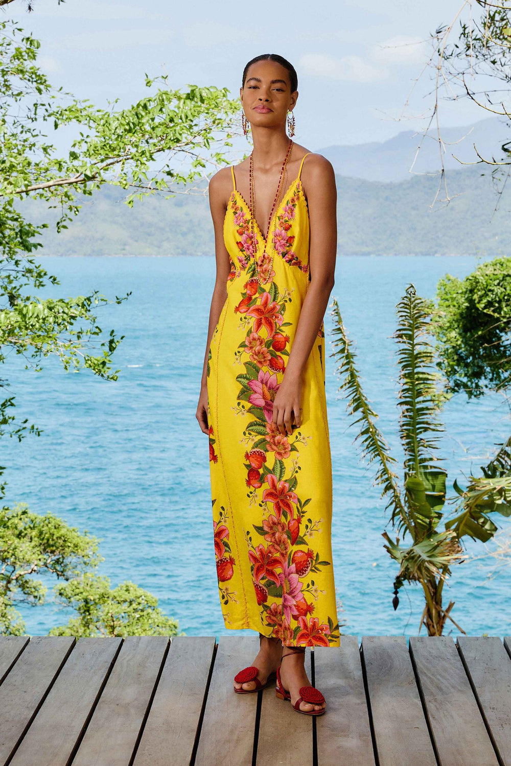 Yellow Summer Fruit Scarf LENZING™ ECOVERO™ Euroflax™ Maxi Dress | FARM Rio Women