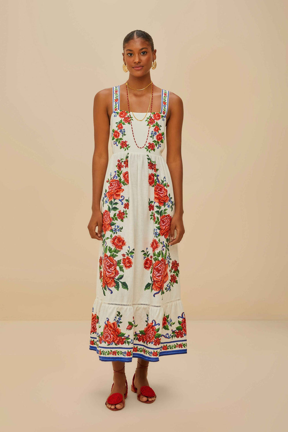Off-White Flower Tapestry LENZING™ ECOVERO™ Euroflax™ Maxi Dress | FARM Rio Women