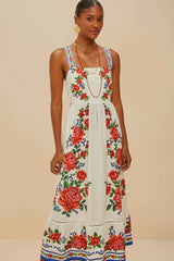 Off-White Flower Tapestry LENZING™ ECOVERO™ Euroflax™ Maxi Dress | FARM Rio Women