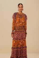 Colorful Birds Camel Smocking Long Sleeve Maxi Dress | FARM Rio Women