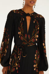 Black Berry Garden Long Sleeve Pleated Maxi Dress | FARM Rio | FARM Rio Women
