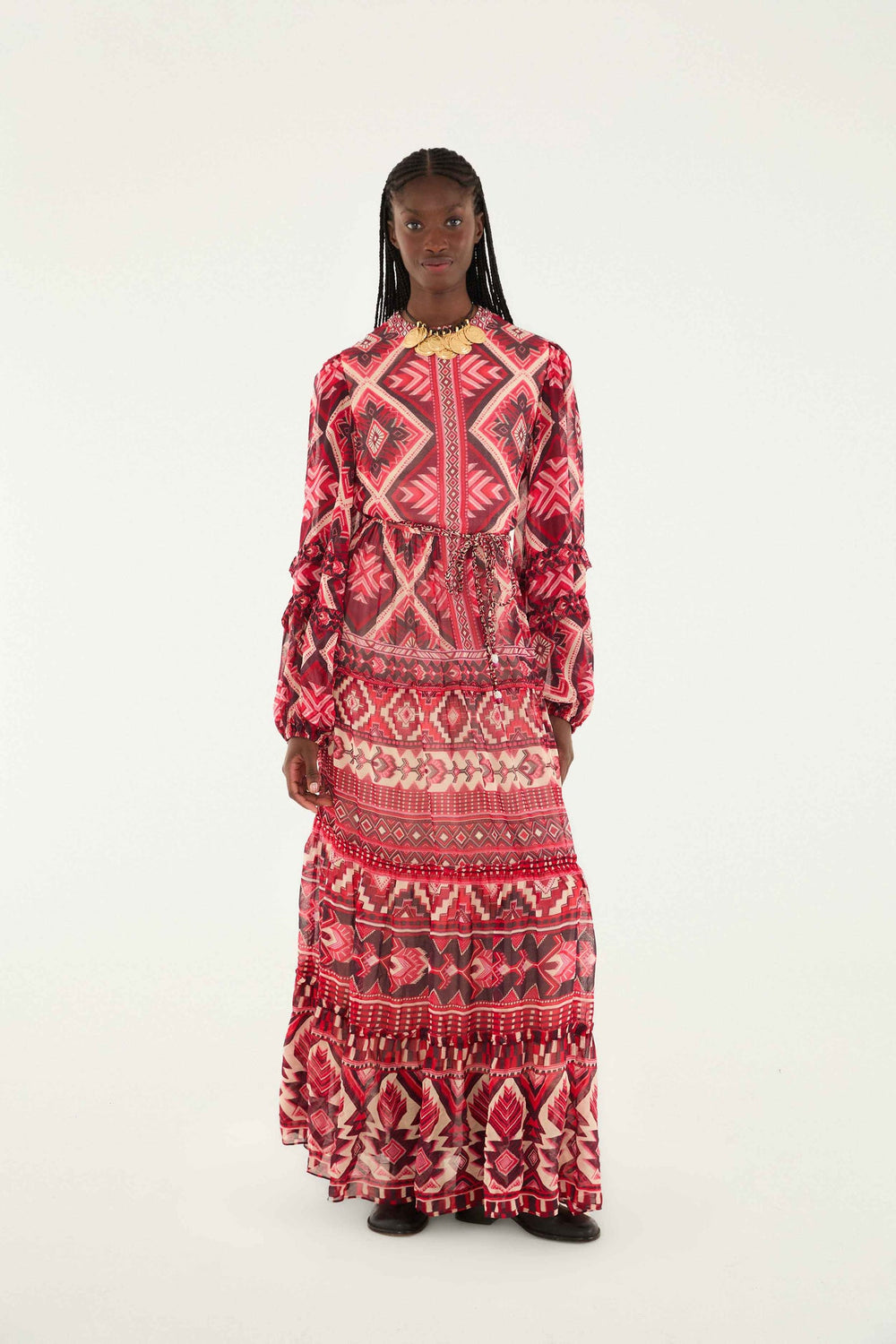 Red Graphic Ainika Belted Tiered Maxi Dress | FARM Rio | FARM Rio Women