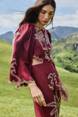 Red Artisanal Cut-Out Embroidered Euroflax� Premium Linen Maxi Dress | FARM Rio | FARM Rio Women
