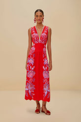 Red Porcelain Garden Euroflax™ Premium Linen Midi Dress | FARM Rio Women