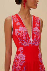 Red Porcelain Garden Euroflax™ Premium Linen Midi Dress | FARM Rio Women