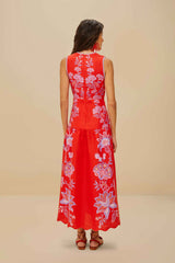 Red Porcelain Garden Euroflax™ Premium Linen Midi Dress | FARM Rio Women