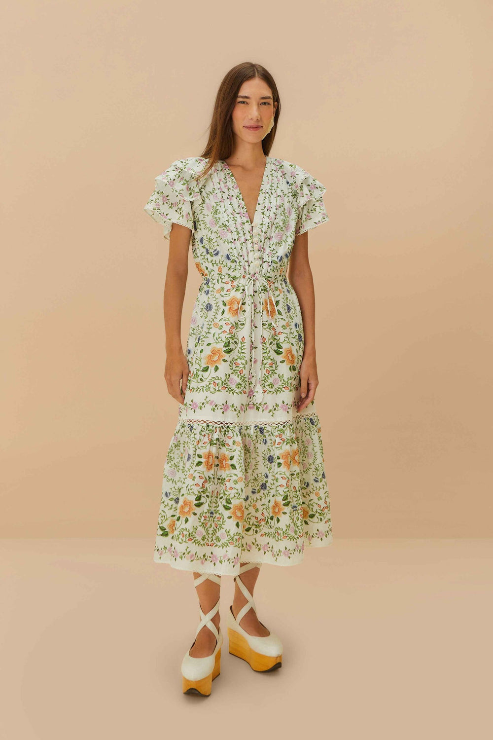 Off-White Folk Floral Lace Midi Dress | FARM Rio Women