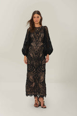 Black Nature Guipure Midi Dress | FARM Rio Women