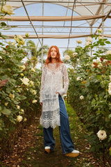Off-White Nautical Guipure Long Sleeve Midi Dress | FARM Rio Women