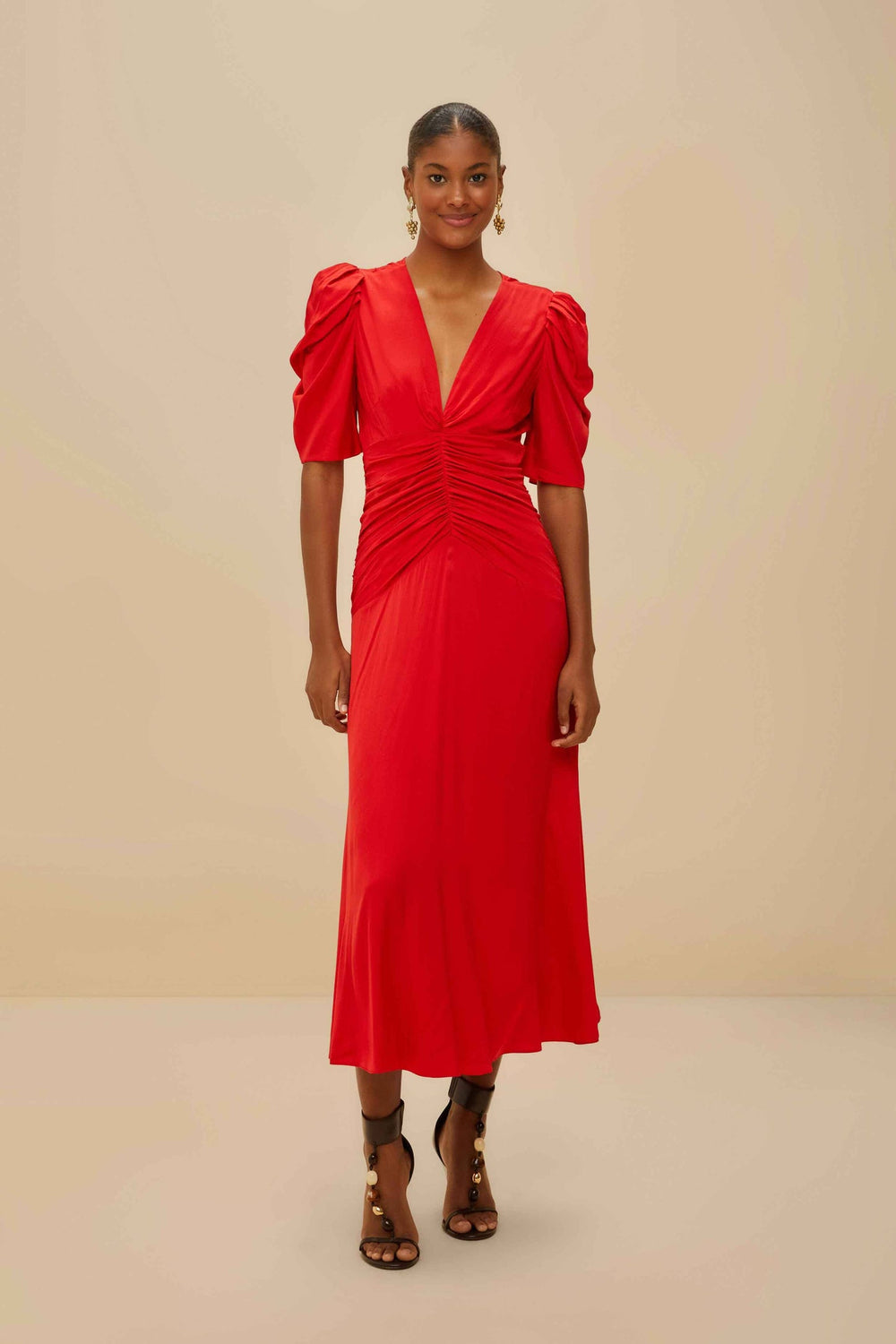 Red Gathered Midi Dress | FARM Rio Women
