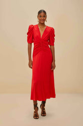Red Gathered Midi Dress | FARM Rio Women