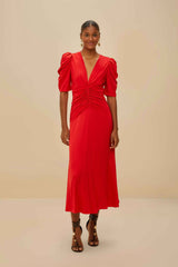Red Gathered Midi Dress | FARM Rio Women