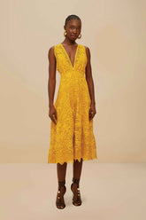 Landscape Guipure Mustard Yellow Midi Dress | FARM Rio Women