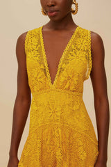 Landscape Guipure Mustard Yellow Midi Dress | FARM Rio Women