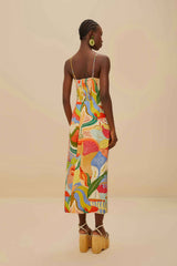 Multicolor Ocean View Twisted Cups Euroflax™ Premium Linen Midi Dress | FARM Rio Women
