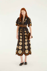Black Embroidered Flowers Organic Cotton Midi Dress | FARM Rio | FARM Rio Women