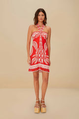 Red Majestic Coconut Tree Euroflax™ Premium Linen Mini Dress | FARM Rio Women