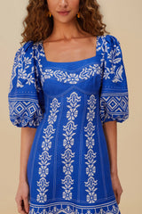 Blue Tropical Cross Stitch Euroflax™ Premium Linen Mini Dress | FARM Rio Women