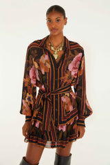 Black Chenille Flowers Belted Long Sleeve Mini Dress | FARM Rio | FARM Rio Women
