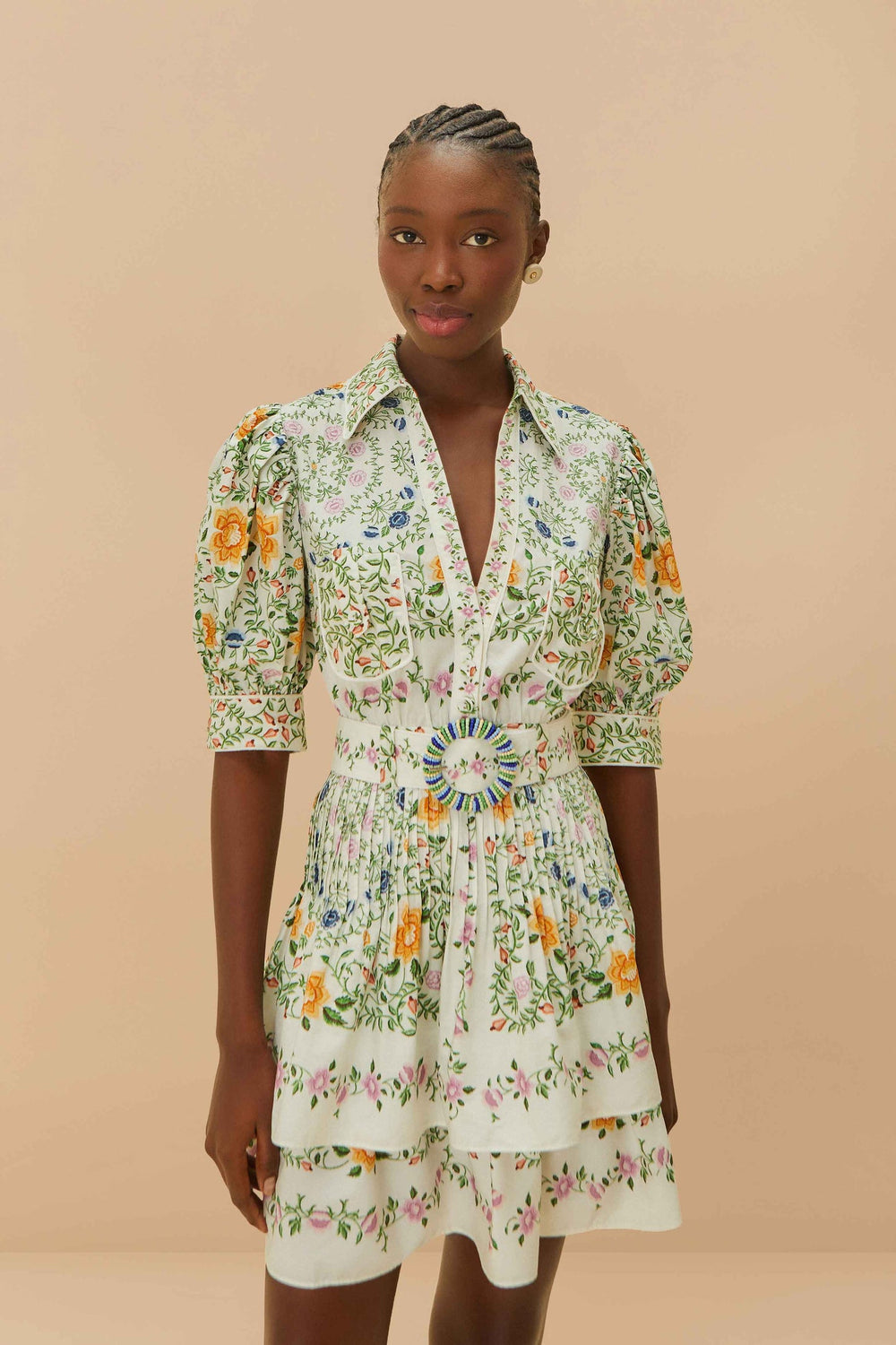 Off-White Folk Floral Short Sleeve Mini Dress | FARM Rio Women