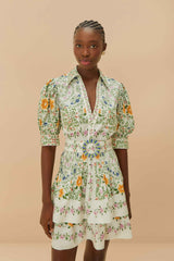 Off-White Folk Floral Short Sleeve Mini Dress | FARM Rio Women