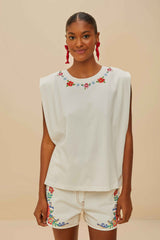 Off-White Cross Stitch Flowers Organic Cotton T-Shirt | FARM Rio Women