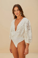 Off-White Rosy Eyelet Puff Sleeve Bodysuit | FARM Rio Women