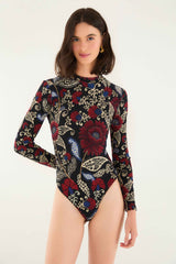 Black Valentina High Neck Long Sleeve Jersey Bodysuit | FARM Rio | FARM Rio Women