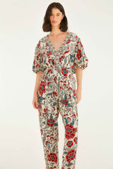 Sand Francesca V Neckline Short Sleeve Jumpsuit | FARM Rio | FARM Rio Women