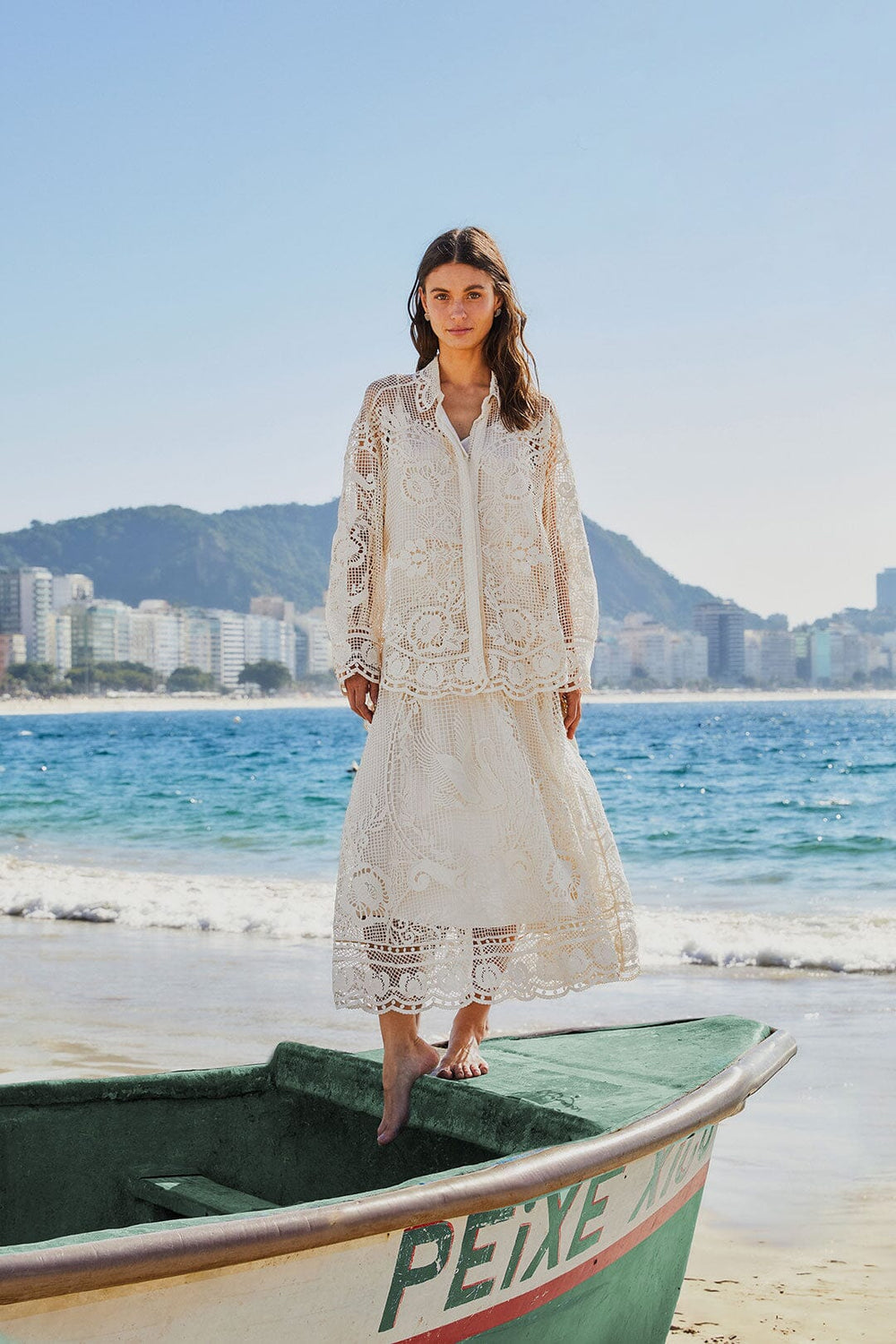 Off-White Swan Lake Guipure Midi Skirt | FARM Rio Women