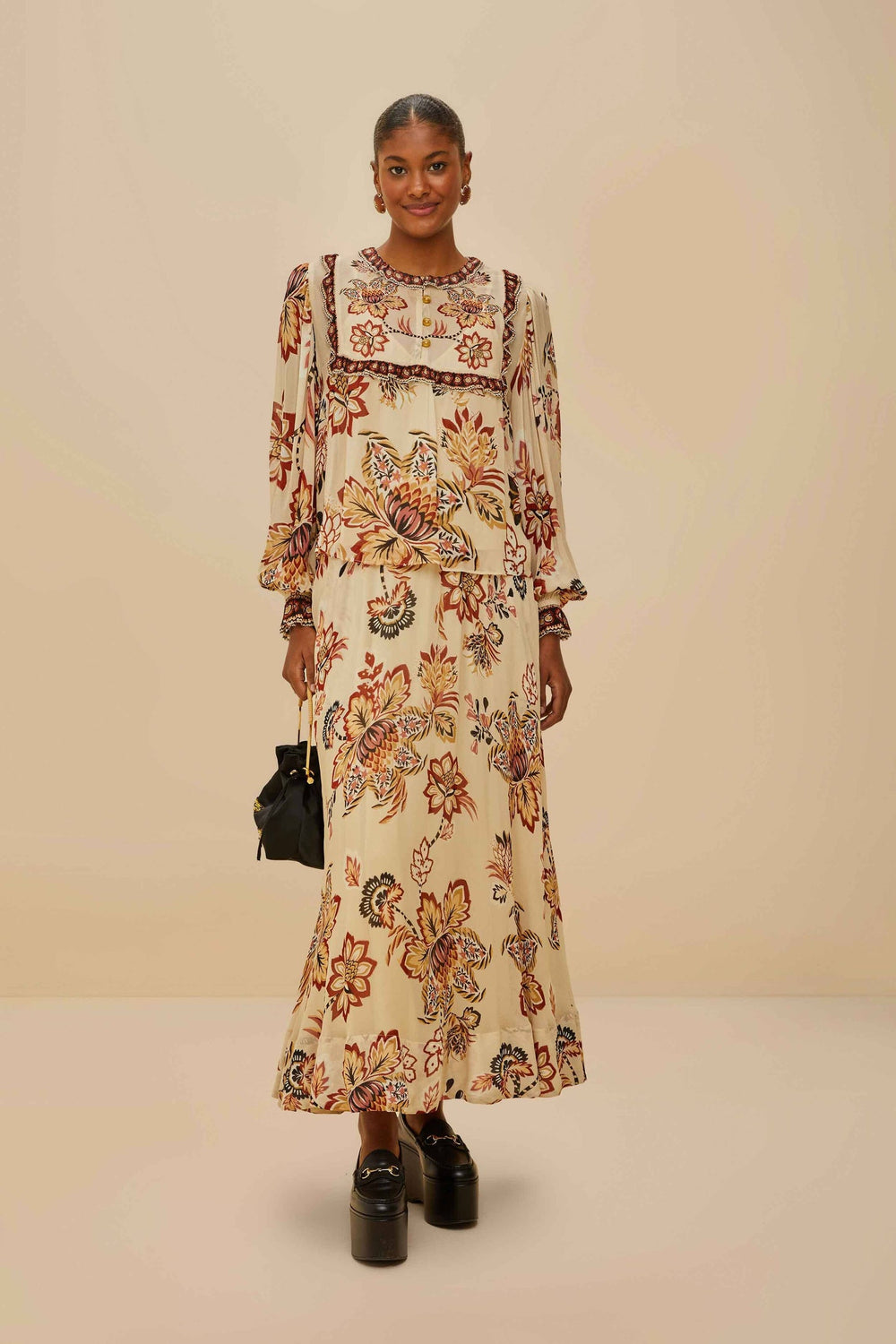 Sand Aura Floral Midi Skirt | FARM Rio Women