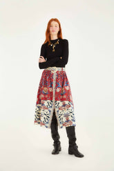 Red Winter Breeze Buttoned Belted Organic Cotton Midi Skirt | FARM Rio | FARM Rio Women
