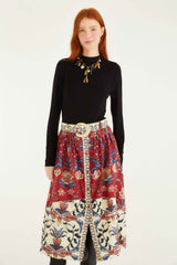 Red Winter Breeze Buttoned Belted Organic Cotton Midi Skirt | FARM Rio | FARM Rio Women