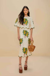Off-White Maracana Bird Euroflax™ Premium Linen Midi Skirt | FARM Rio Women
