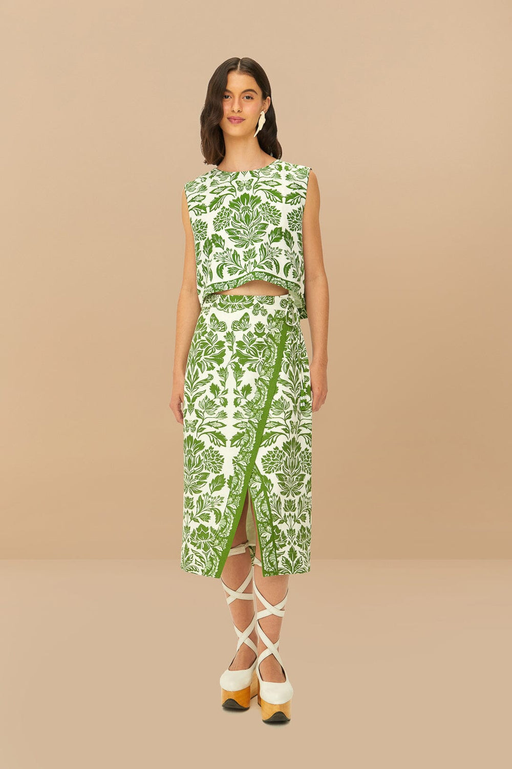 Green Delicate Tapestry LENZING™ ECOVERO™ Euroflax™ Midi Skirt | FARM Rio Women
