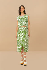 Green Delicate Tapestry LENZING™ ECOVERO™ Euroflax™ Midi Skirt | FARM Rio Women
