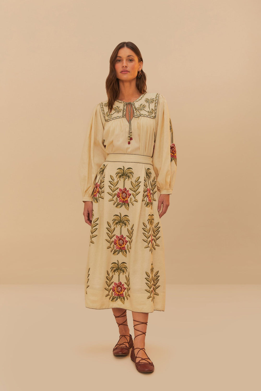 Sand Tropical Flower Embroidered LENZING™ ECOVERO™ Euroflax™ Maxi Skir | FARM Rio Women