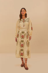 Sand Tropical Flower Embroidered LENZING™ ECOVERO™ Euroflax™ Maxi Skir | FARM Rio Women