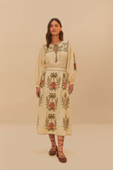 Sand Tropical Flower Embroidered LENZING™ ECOVERO™ Euroflax™ Maxi Skir | FARM Rio Women